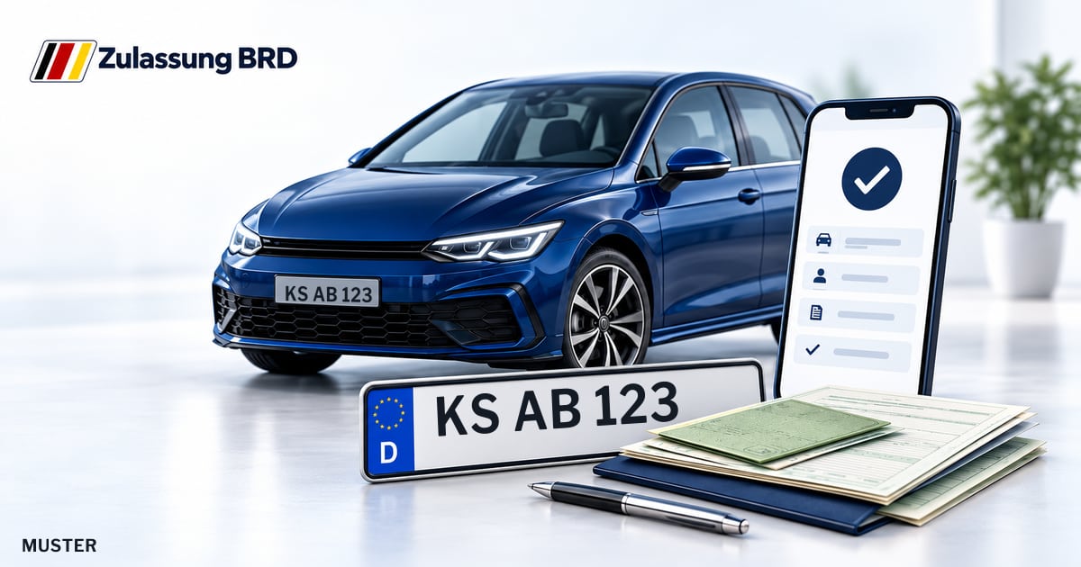 Online Fahrzeugzulassung in Calden: Musterkennzeichen KS AB 123, Auto und Fahrzeugpapiere und Smartphone. Illustration mit Logo von Zulassung BRD.
